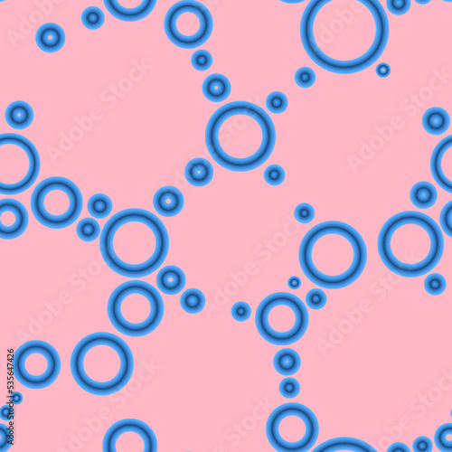 Geometric abstract seamless pattern of random arranged azure rings with dots texture on pink background.Round shapes halftone point wallpaper.For stationery covers,trendy textiles,fashionable fabrics