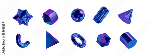 3d set holographic geometric shape: square, cylinder, sphere, pyramid, torus, star, cone, icosphere. Metal simple figures with grid for your design on white isolated background. 3d rendering