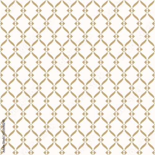 Vector seamless pattern. Abstract golden graphic background with wavy lines, curved shapes. Simple elegant texture of mesh, lace, lattice, grid, weaving, net. Gold and white repeat luxury geo design