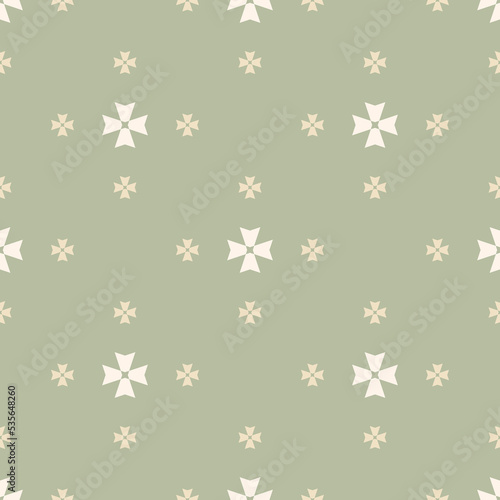 Simple floral seamless pattern. Retro vintage style ornament. Elegant vector minimalist seamless texture with small flower shapes. Abstract minimal geometric background. Soft green and beige color
