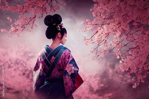 Fototapeta geisha in an intricate kimono, sakura garden background, sakura blossoms, beauti