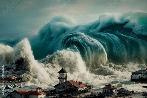 A tsunami hit a small seaside town. Apocalyptic dramatic background, giant tsunami waves, dark stormy sky, Tornado. Huge waves Tsunami Big waves. 