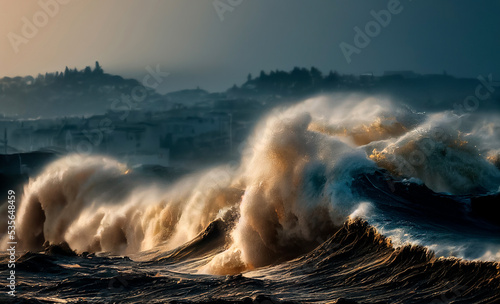 Apocalyptic dramatic background, giant tsunami waves, dark stormy sky, Tornado. Huge waves Tsunami Big waves. 3d render 