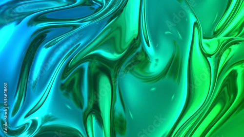 3D render beautiful folds of light shiny silk, like foil or metallic surface in full screen. Beautiful clean fabric background. Simple soft background with smooth folds and blue green color gradient