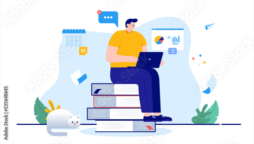 Learning online - Man studying and taking internet course education with laptop sitting on books. Flat design cartoon illustration with white background