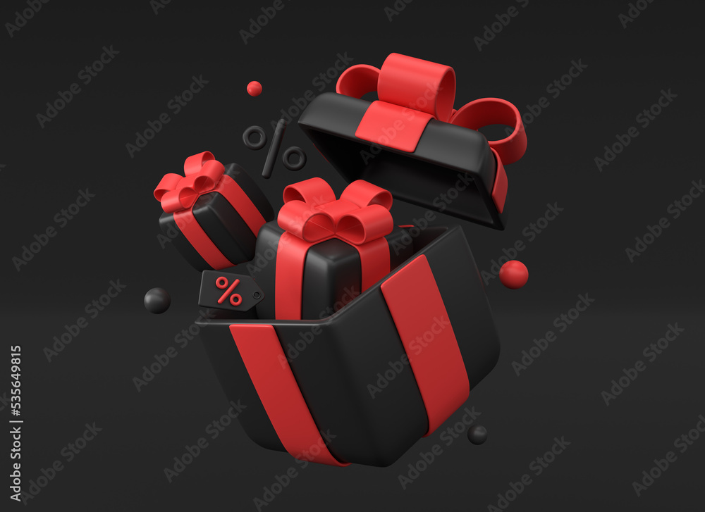 3d open big black gift box with small gifts inside in flight.minimalistic  realistic style. banner for advertising sale for black friday or new year.  3d rendering. Stock-Illustration | Adobe Stock