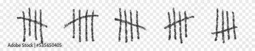 Hand drawn charcoal tally marks on transparent background. Four sticks crossed out by slash line as symbol of number five in unary numeral system. Day counting sings. Vector realistic illustration
