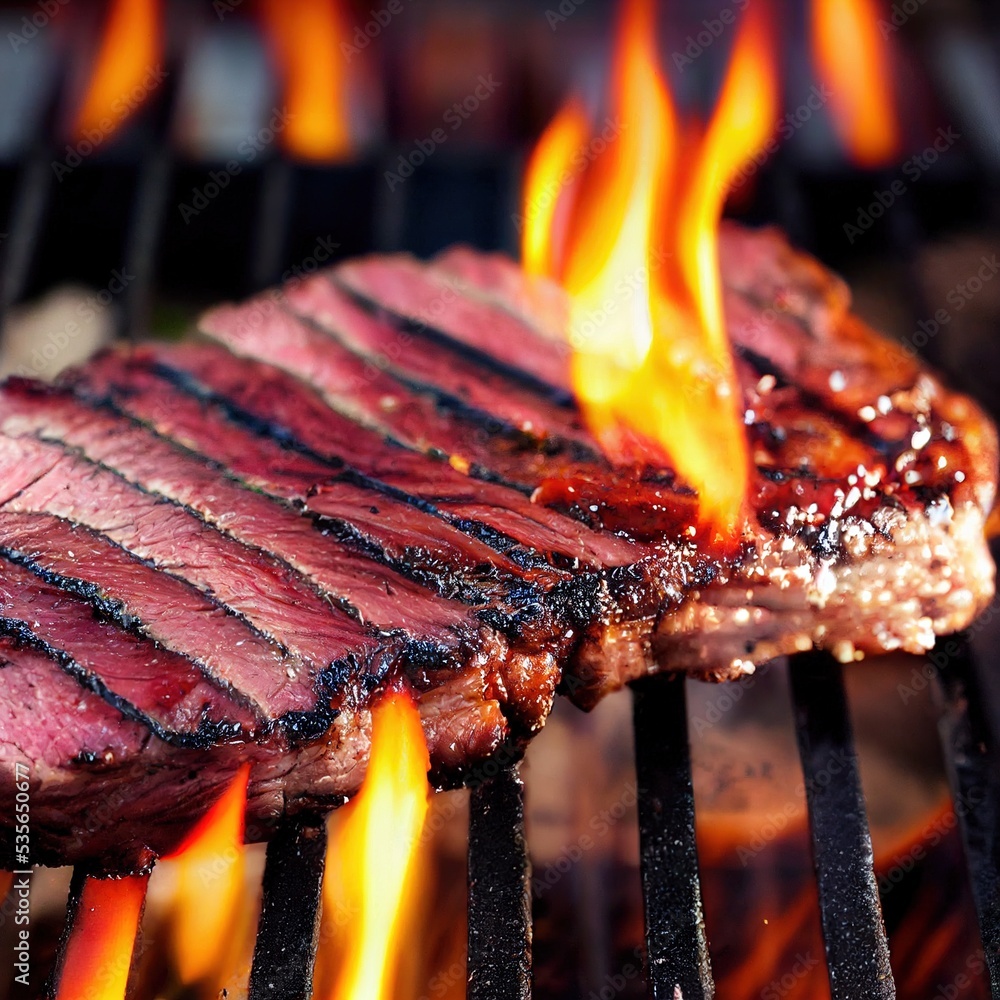 Cookout grilled steak with flame on grill. Red meat flank steak with toasted crust burning on