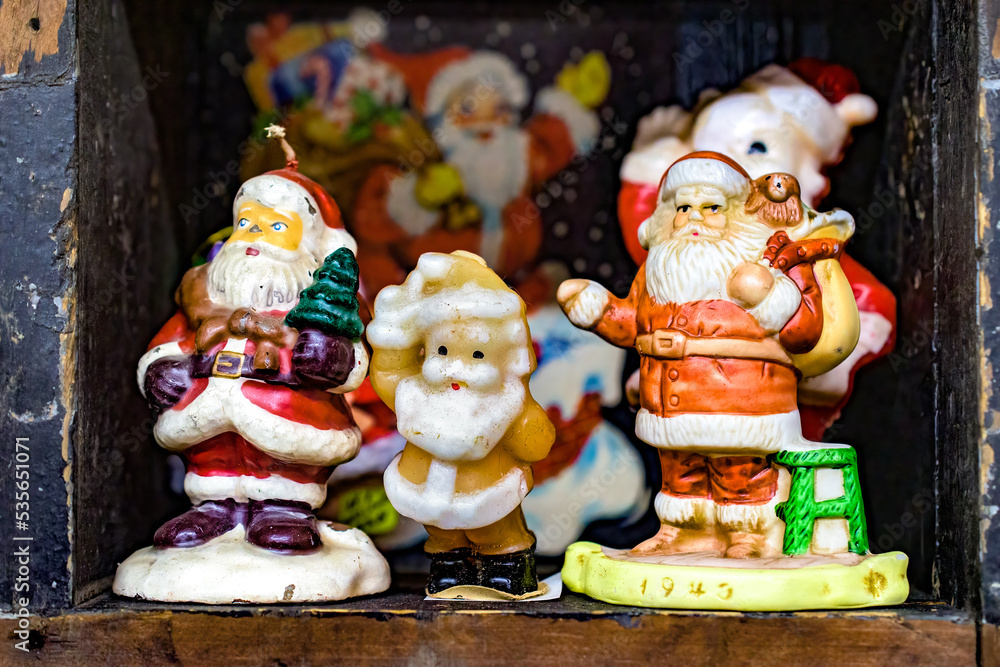 Several Santa Claus and Christmas decorations sit on the shelf at this Antique Store in Broome County in Upstate NY.