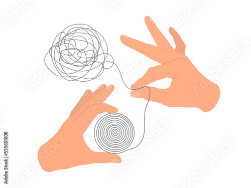 Vector illustration of psychotherapy concept. Hands helping unravels the tangle of thoughts. Mental health. Helping against stress, depression, psychological problems.