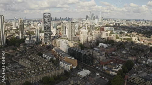 London city buildings aerial sunny day with train track. elephant and castle, south London. 