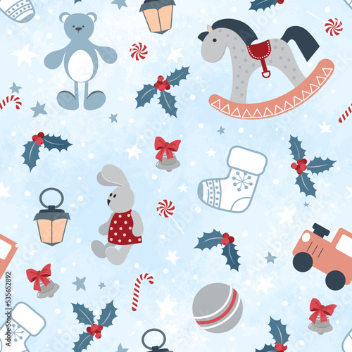 Christmas seamless pattern for greeting cards and wrapping paper. Toys and sweets on a light background.