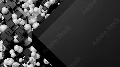 3D Futuristic black shiny cubes with white spheres Abstract geometric background