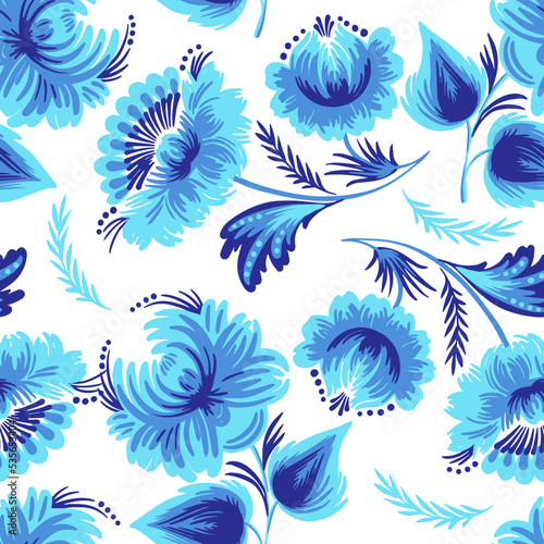 Drawing seamless pattern with flower. Vector wallpaper on white backgraund. Ukrainian traditional art. Style of Petrykivka painting