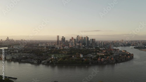 Skyline of the city of London and Canary Wharf, from Greenwich sunset. 
