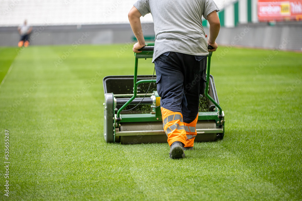 Maintenance of the lush green football field Maintenance of the lush green football field
