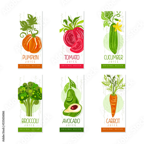 Set of organic vegetable juice labels. Pumpkin, tomato, cucumber, broccoli, avocado, carrot badges vector illustration