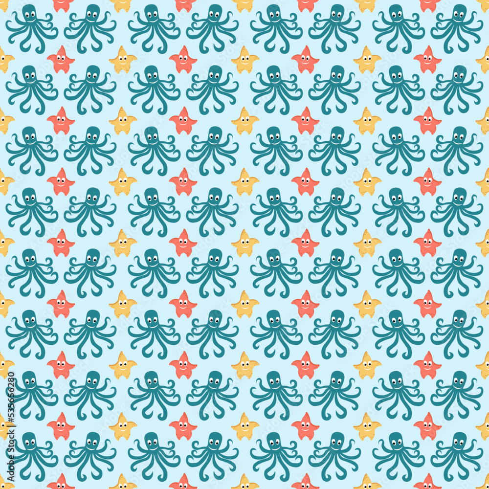 Pattern with marine fauna. Cute octopuses and funny stars. Vector drawing. For baby products, packaging and covers, flyers and brochures, prints and postcards. Pattern with marine fauna. Cute octopuses and funny stars. Vector drawing. For baby products, packaging and covers, flyers and brochures, prints and postcards.
