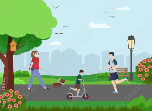 People walk in the city park. A girl with a dog, a boy on a scooter and a sports man run. Vector drawing. For prints and posters, packaging and covers, flyers and brochures, social networks and web