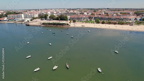 Aerial drone view. Alcochete city Portugal, city beach