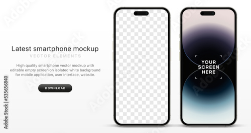 3D realistic high quality smartphone mockup with isolated background. Smart phone mockup collection. Device front view. 3D mobile phone with shadow on white background.