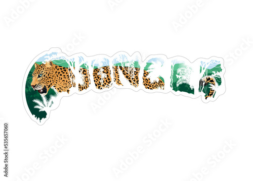 Vector sticker - tropical rainforest Jungle with jaguar