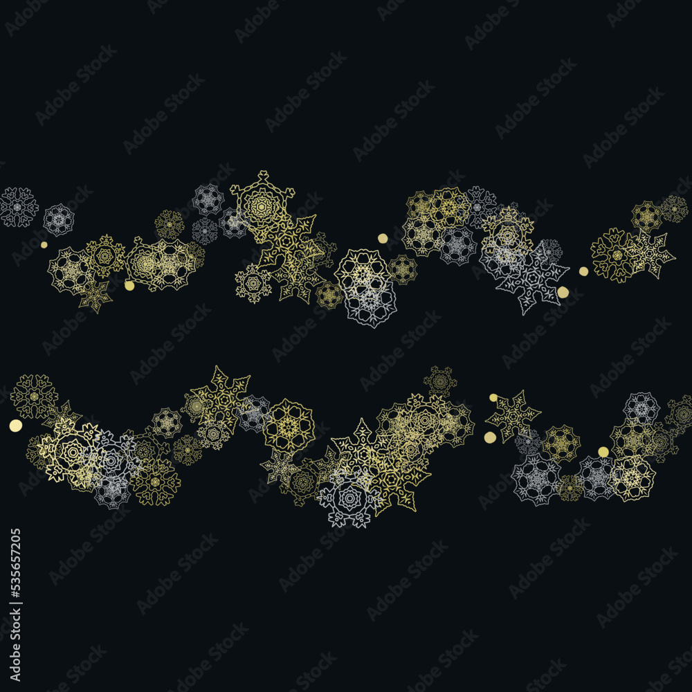 Glitter snowflakes frame on black background. Winter window. Shiny Christmas and New Year frame for gift certificate, ads, banners, flyers. Falling snow with golden glitter snowflakes for party invite Glitter snowflakes frame on black background. Winter window. Shiny Christmas and New Year frame for gift certificate, ads, banners, flyers. Falling snow with golden glitter snowflakes for party invite