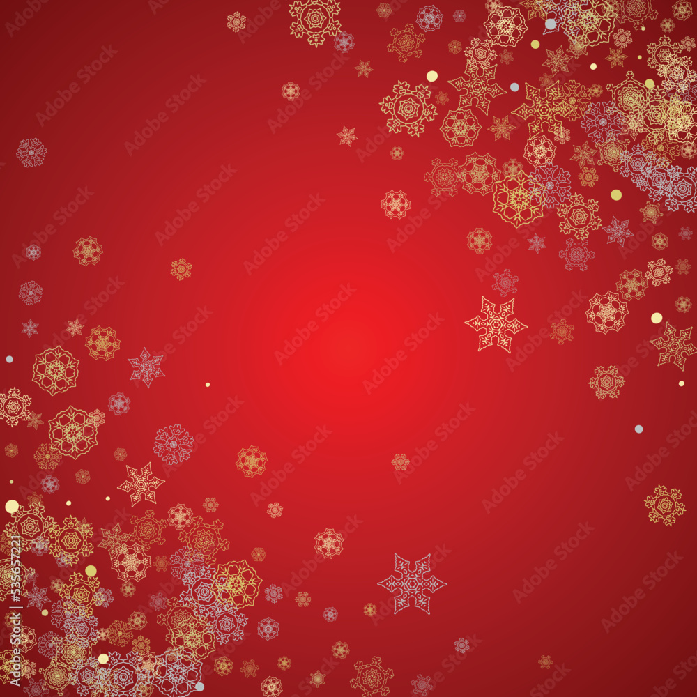 Christmas snow on red background. Glitter frame for seasonal winter banners, gift coupon, voucher, ads, party event. Santa Claus colors with golden Christmas snow. Falling snowflakes for holiday