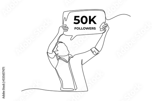Single one line drawing. Happy man gets 50K followers. Social media achievement concept. Continuous line draw design graphic vector illustration.