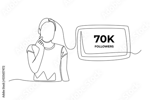 Single one line drawing happy woman gets 70K followers. Social media achievement concept. Continuous line draw design graphic vector illustration.
