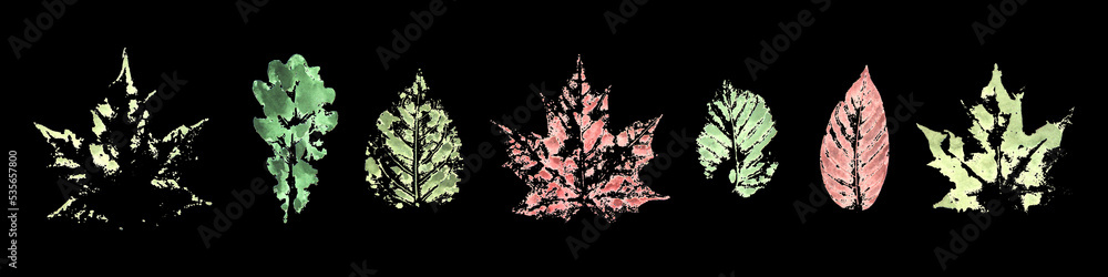 Set of autumn watercolor colorful leaf traces