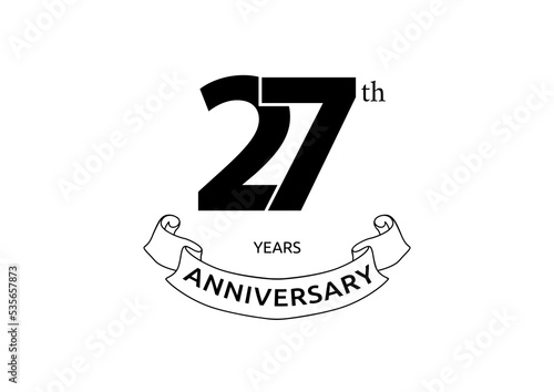 Vector illustration of 27 years anniversary logo with black color on white background. Black and white anniversary logo celebration. Good design for invitation, banner, web, greeting card, etc. 