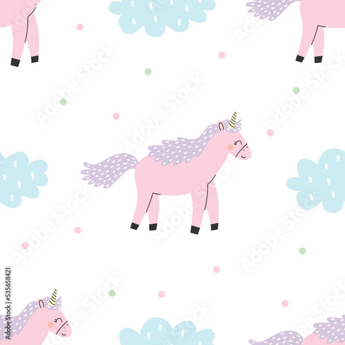 Seamless pattern with cute pink unicorn and clouds. Vector illustration