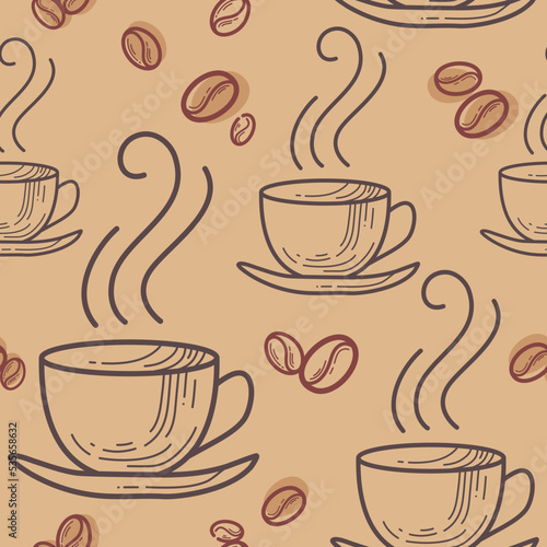 Vector seamless pattern with many coffee bean icons  cups  saucers. Tasty hot drink with steam. Fresh roast. Day start. Graphic element for menu layout design  advertising packaging. Trendy food print