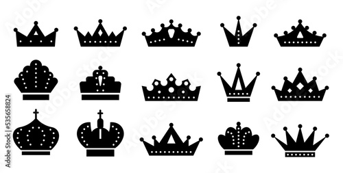 Fototapeta Naklejka Na Ścianę i Meble -  Crown black silhouette icon set. King royal heraldic element. Princ queen princess monarch lord kingdom luxury symbol for stencil, scrapbooking stamp, laser engraving cutting. Premium quality sign