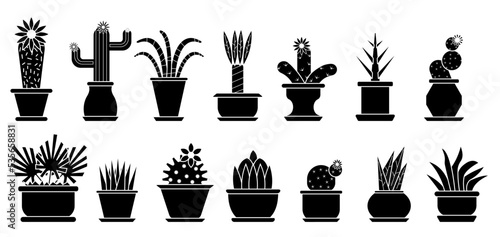 Cactus and succulent flat icon set. Different shapes of flowering cacti with prickles in flower pots. Black glyph houseplant collection. Cartoon home blooming aloe vera isolated on white