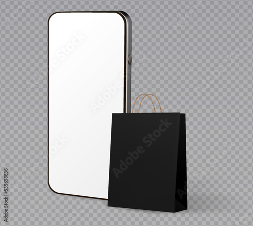 3D online shopping vector illustration. Gift shop bag with mobile smartphone for online shopping template smart phone application. Smart business marketing concept.