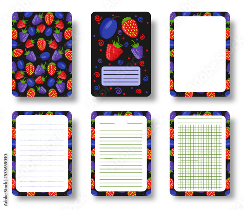 Fresh fruits notebook cover and pages set. Strawberry plum bramble blackberry raspberry dewberry berries pattern with copy space lined grided sheet template for annual notepad brochure copybook diary