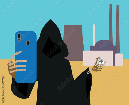 Death is photographed on mobile phone with stopwatch against  backdrop of  nuclear power plant. Concept of nuclear blackmail Russia, destruction of   peaceful infrastructure of Ukraine