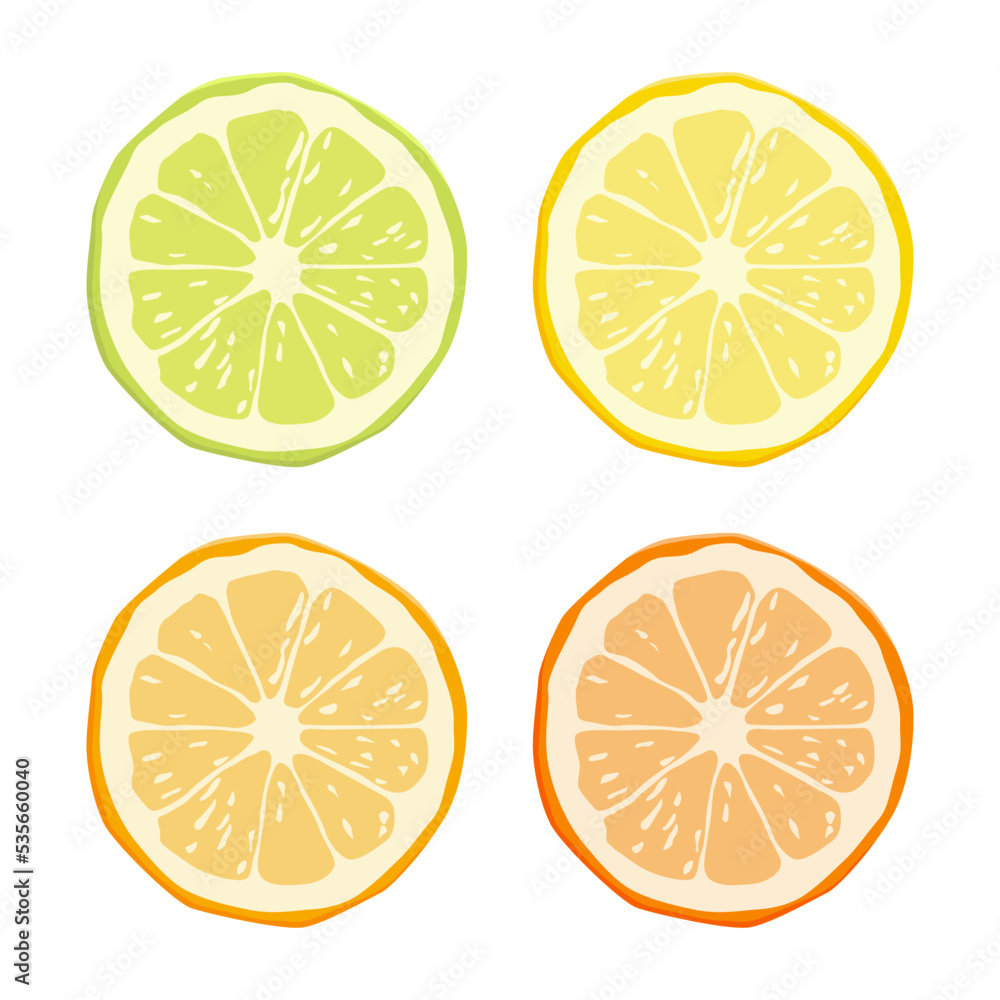 Vector Citrus Fruit Icon Set - Yellow Lemon, Green Lime, Orange Mandarin, Grapefruit Icon Set. Round Slice Design Elements Isolated on White Background