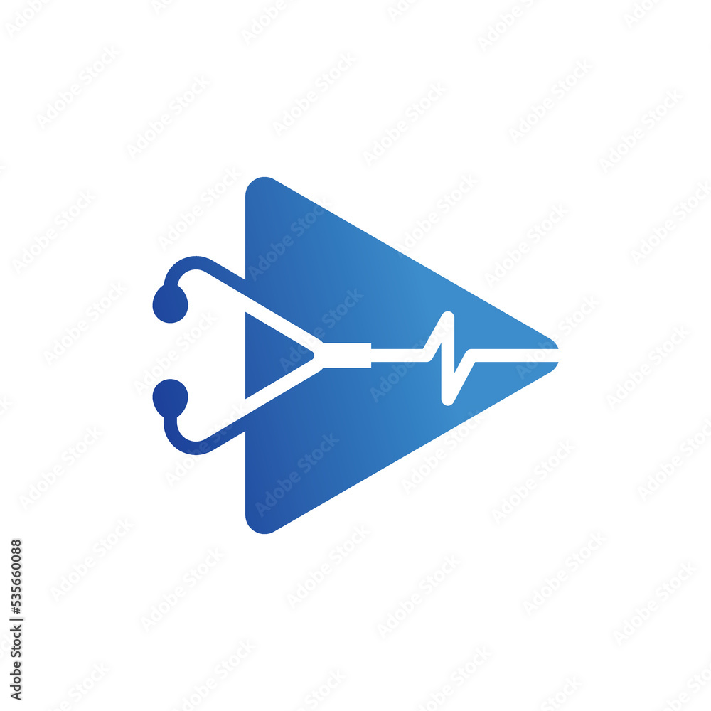Stethoscope logo design with icon play. Streaming medical logo Stethoscope logo design with icon play. Streaming medical logo