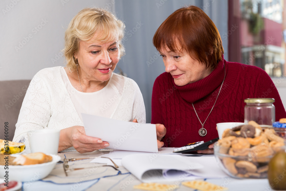 Two positive mature women considering papers while sitting on kitchen