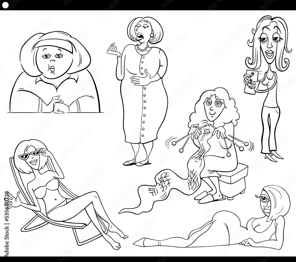 cartoon woman comic characters set coloring book page