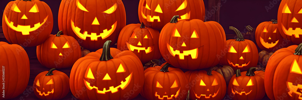 Jack O Lanterns - Halloween Background. Banner size. website header. 3d illustration Jack O Lanterns - Halloween Background. Banner size. website header. 3d illustration