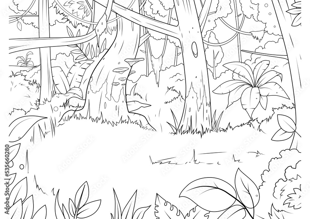 Jungle forest cartoon coloring book PNG illustration with transparent background
