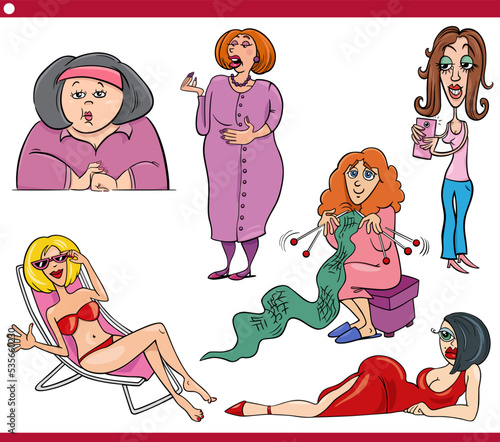 funny cartoon women characters caricature set