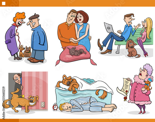cartoon pet owners with their dogs comic set