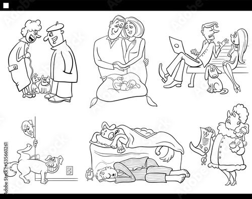 cartoon pet owners with their dogs comic set coloring page