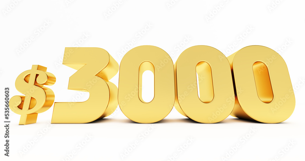 gold three thousand dollars isolated on white background, 3D render gold three thousand dollars isolated on white background, 3D render