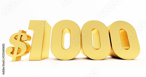 gold number of one thousand dollar isolated on white background, 3D render